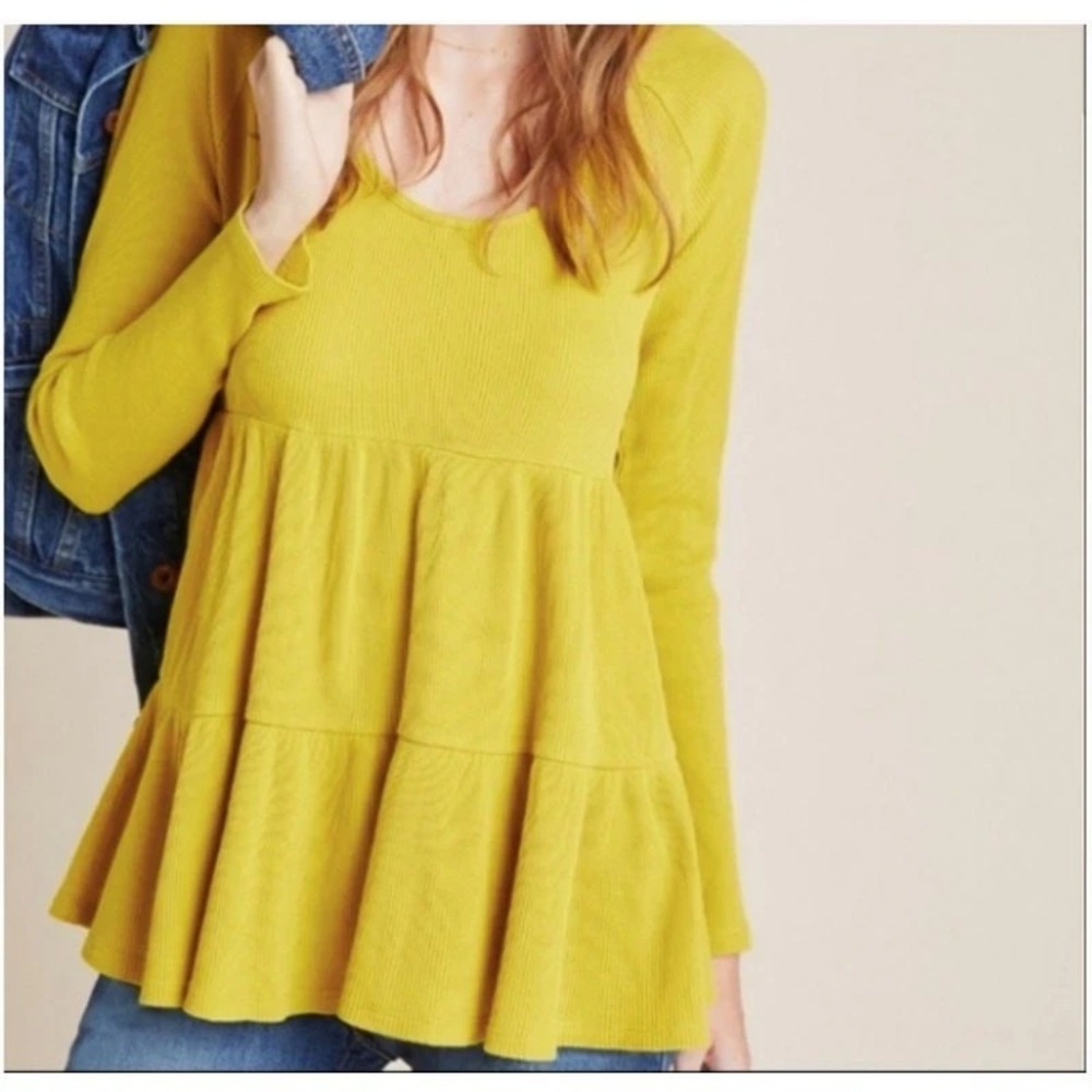 ANTHROPOLOGIE Maeve Mustard Yellow Tiered Long Sleeve‎ Ribbed Top // M